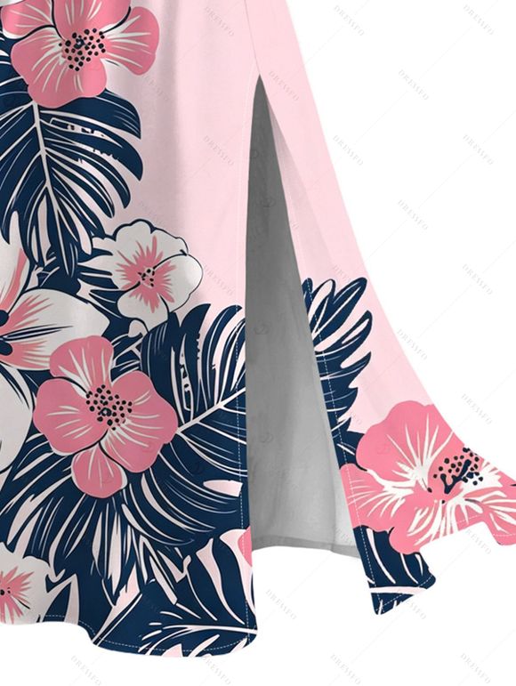 Hawaiian Vacation Dress Colorblock Hibiscus Floral Tropical Leaf Print Lace Hollow Out Slit Dress - Rose clair XXXXXL | US 20
