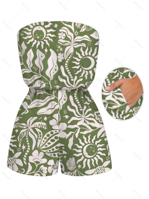 Hawaiian Romper Sun Moon Tropical Floral Leaf Botanical Print Pocket Off the Shoulder Romper - Olive Verte XXL | US 14