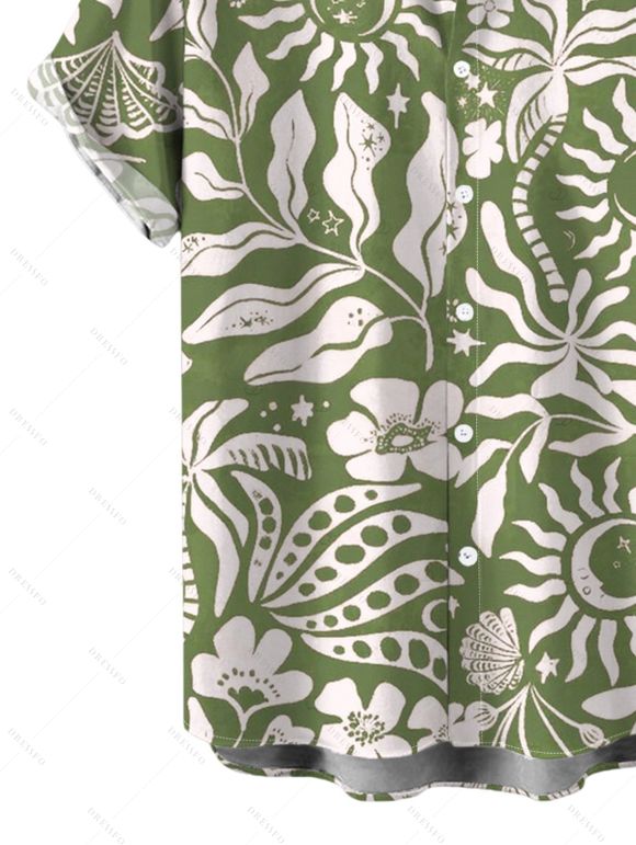 Men's Hawaiian Shirt Sun Moon Tropical Floral Leaf Botanical Print Button Up Shirt - Olive Verte 5XL