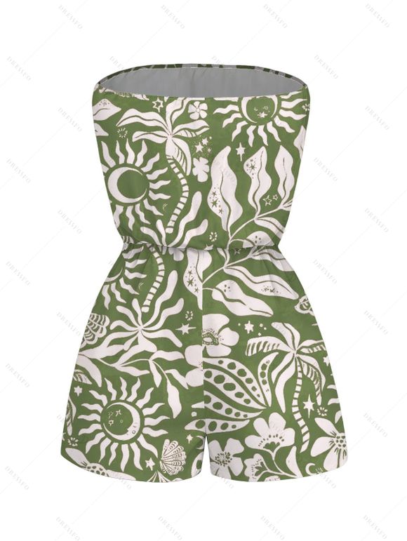 Hawaiian Romper Sun Moon Tropical Floral Leaf Botanical Print Pocket Off the Shoulder Romper - Olive Verte XXL | US 14