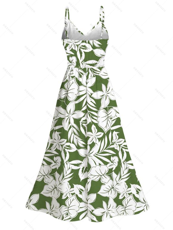 Hawaiian Vacation Dress Tropical Floral Leaf Print Lace Hollow Out Slit Dress - Olive Verte XXXXXL | US 20