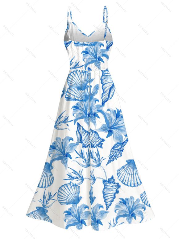 Hawaiian Dress Lily Floral Shell Print Lace Hollow Out Slit Vacation Dress - Blanc XXXXXL | US 20