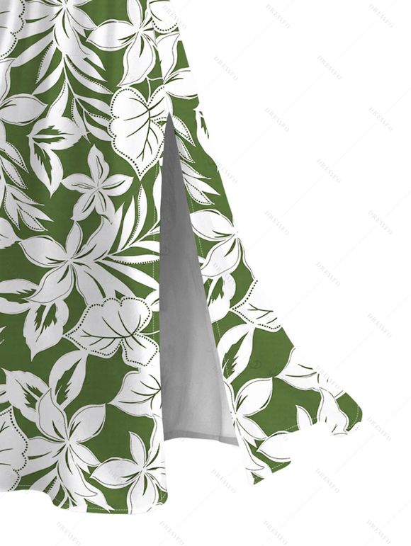 Hawaiian Vacation Dress Tropical Floral Leaf Print Lace Hollow Out Slit Dress - Olive Verte XXXXXL | US 20
