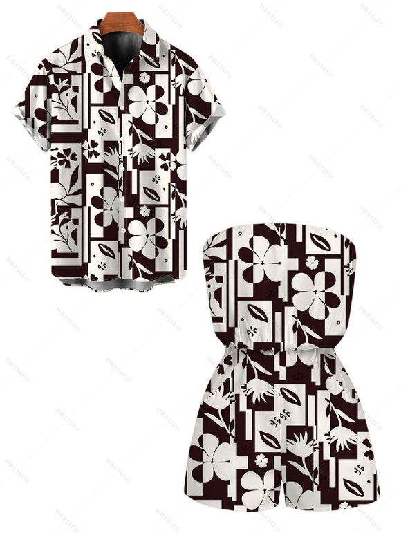 Hawaiian Couple Outfit Contrast Color Flower Geometric Print Pocket Off the Shoulder Romper and Shirt Set - marron foncé S | US 4
