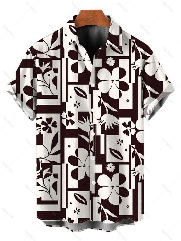 Hawaiian Couple Outfit Contrast Color Flower Geometric Print Pocket Off the Shoulder Romper and Shirt Set - marron foncé S | US 4