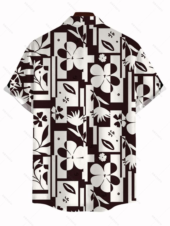 Hawaiian Couple Outfit Contrast Color Flower Geometric Print Pocket Off the Shoulder Romper and Shirt Set - marron foncé S | US 4