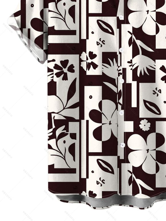 Hawaiian Couple Outfit Contrast Color Flower Geometric Print Pocket Off the Shoulder Romper and Shirt Set - marron foncé S | US 4