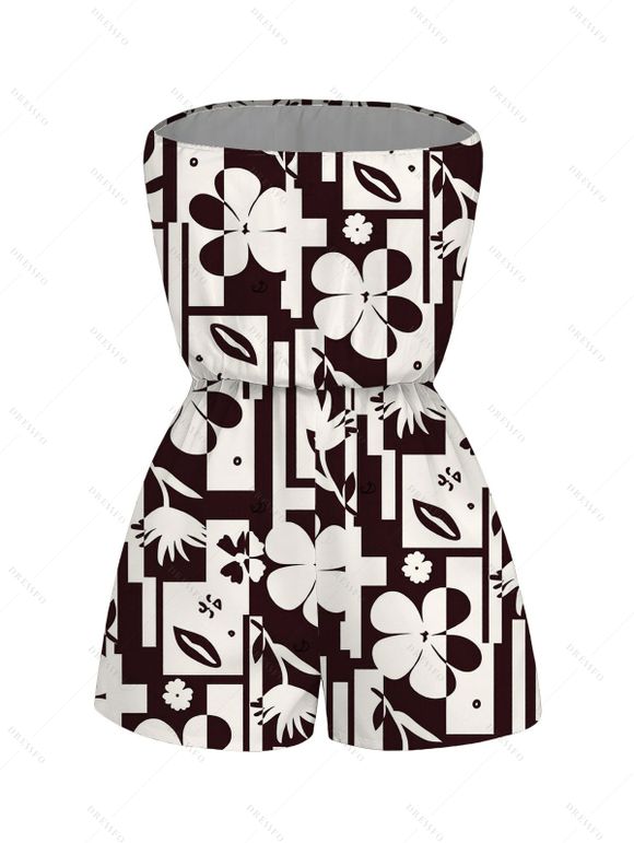 Hawaiian Couple Outfit Contrast Color Flower Geometric Print Pocket Off the Shoulder Romper and Shirt Set - marron foncé S | US 4