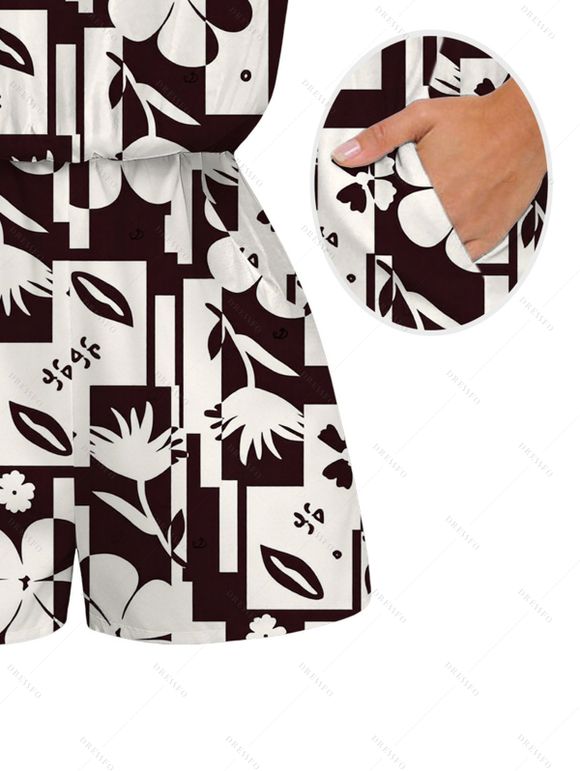 Hawaiian Couple Outfit Contrast Color Flower Geometric Print Pocket Off the Shoulder Romper and Shirt Set - marron foncé S | US 4