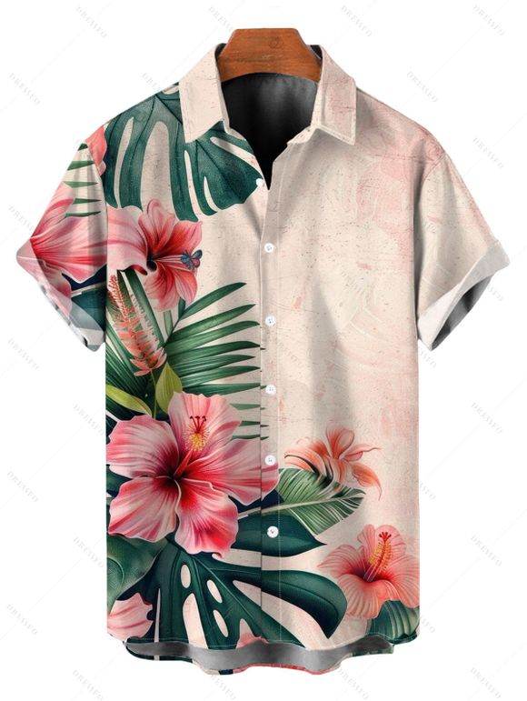 Vacation Hawaiian Couple Outfit Hibiscus Floral Tropical Leaf Print Lace Hollow Out Slit Dress and Shirt Set - Rose clair S | US 4