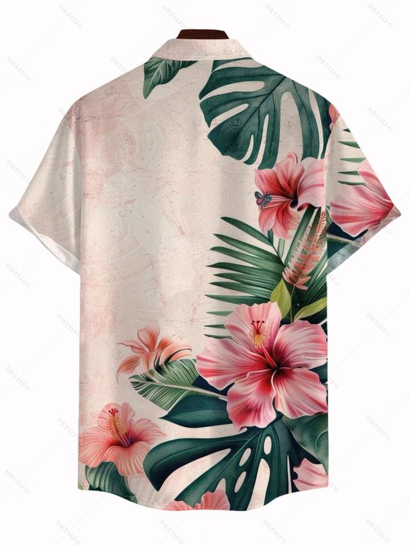 Vacation Hawaiian Couple Outfit Hibiscus Floral Tropical Leaf Print Lace Hollow Out Slit Dress and Shirt Set - Rose clair S | US 4