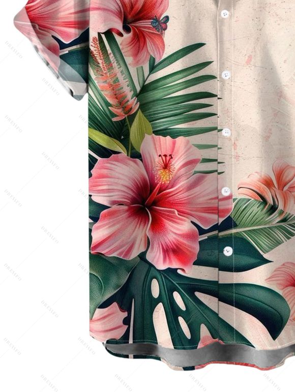 Vacation Hawaiian Couple Outfit Hibiscus Floral Tropical Leaf Print Lace Hollow Out Slit Dress and Shirt Set - Rose clair S | US 4
