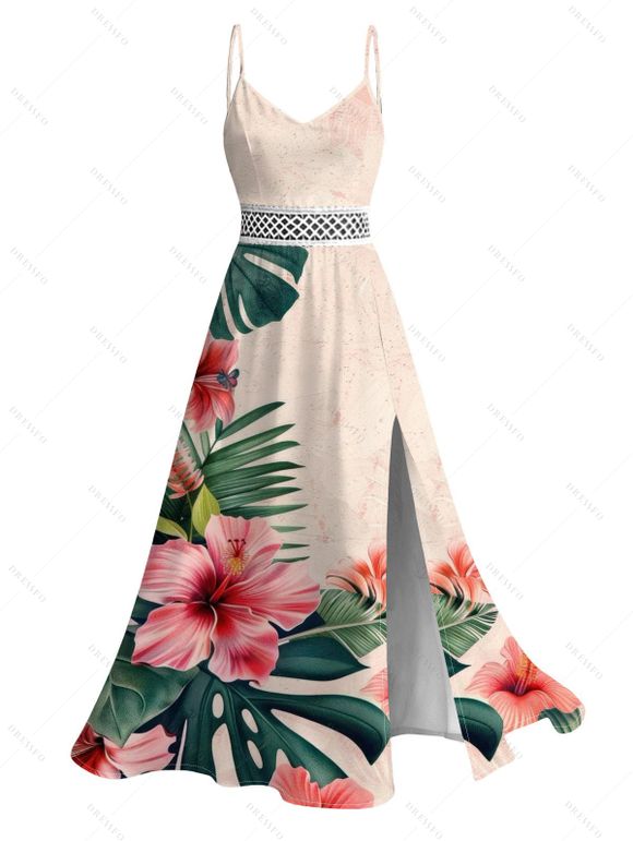 Vacation Hawaiian Couple Outfit Hibiscus Floral Tropical Leaf Print Lace Hollow Out Slit Dress and Shirt Set - Rose clair S | US 4