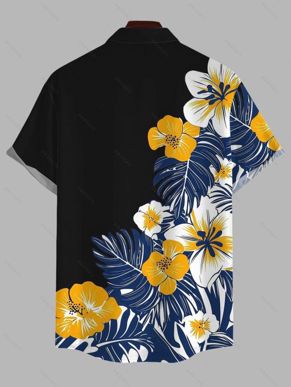 Men's Hawaiian Vacation Shirt Colorblock Hibiscus Floral Tropical Leaf Print Button Up Shirt - Noir 5XL