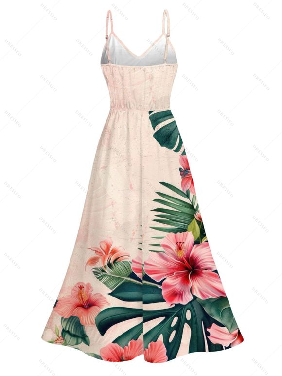 Vacation Hawaiian Couple Outfit Hibiscus Floral Tropical Leaf Print Lace Hollow Out Slit Dress and Shirt Set - Rose clair S | US 4