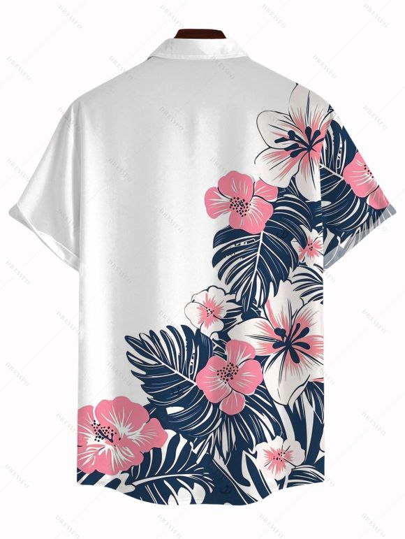 Men's Hawaiian Vacation Shirt Colorblock Hibiscus Floral Tropical Leaf Print Button Up Shirt - Blanc 5XL