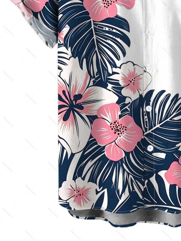 Men's Hawaiian Vacation Shirt Colorblock Hibiscus Floral Tropical Leaf Print Button Up Shirt - Blanc 5XL