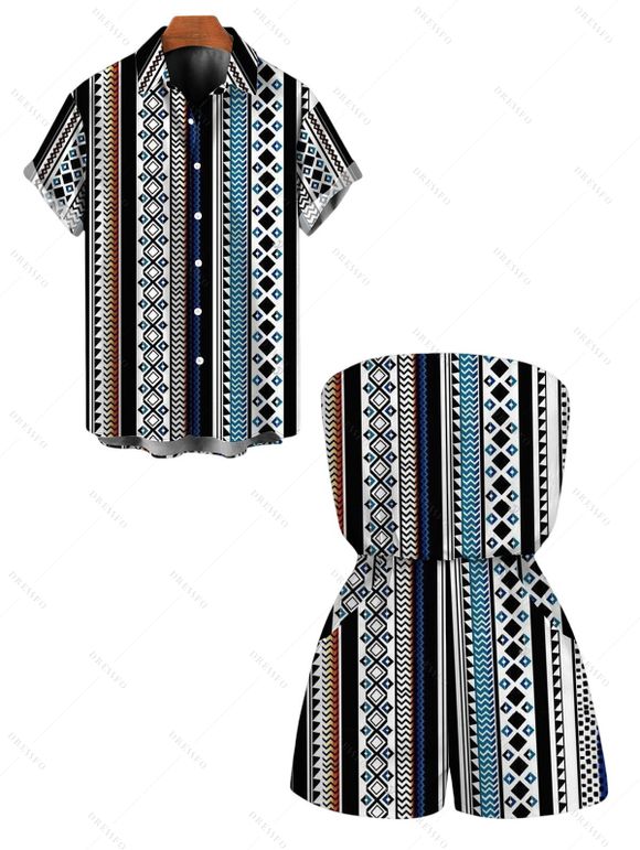Bohemian Vacation Couple Outfit Colorblock Striped Geometric Print Pocket Off the Shoulder Romper and Shirt Set - multicolor A S | US 4