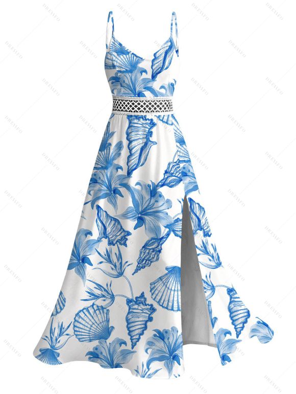 Hawaiian Couple Outfit Lily Floral Shell Print Lace Hollow Out Slit Dress and Shirt Vacation Set - Blanc S | US 4