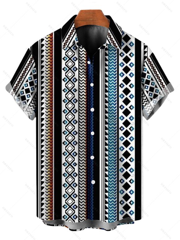 Bohemian Vacation Couple Outfit Colorblock Striped Geometric Print Pocket Off the Shoulder Romper and Shirt Set - multicolor A S | US 4