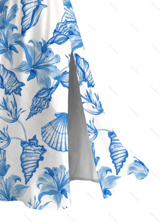 Hawaiian Couple Outfit Lily Floral Shell Print Lace Hollow Out Slit Dress and Shirt Vacation Set - Blanc S | US 4