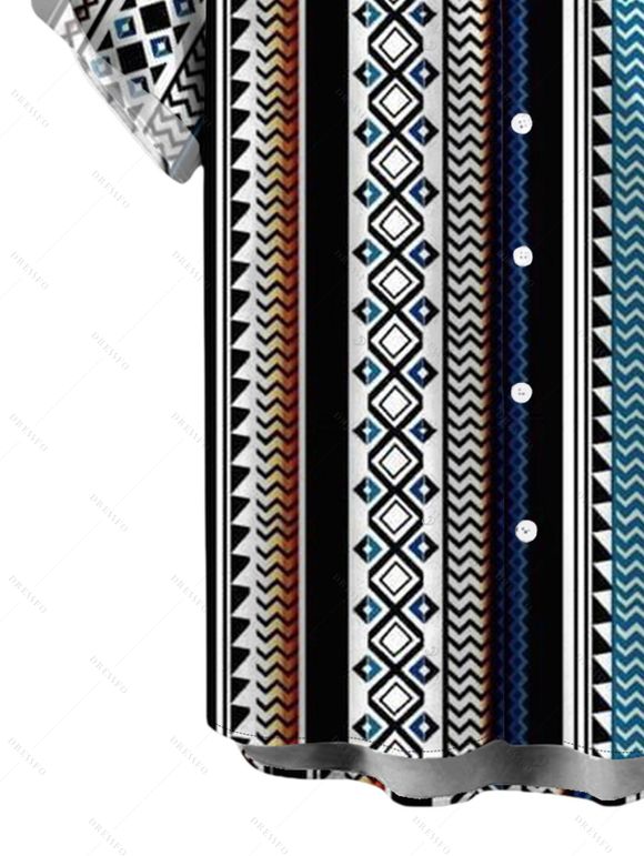 Bohemian Vacation Couple Outfit Colorblock Striped Geometric Print Pocket Off the Shoulder Romper and Shirt Set - multicolor A S | US 4