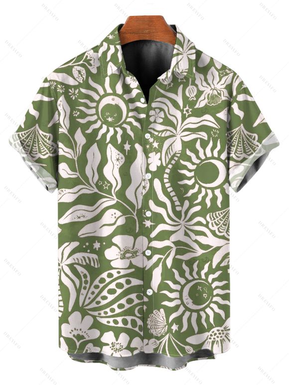 Hawaiian Couple Outfit Sun Moon Tropical Floral Leaf Botanical Print Ruched Bust Mini Dress and Shirt Set - Olive Verte S | US 4