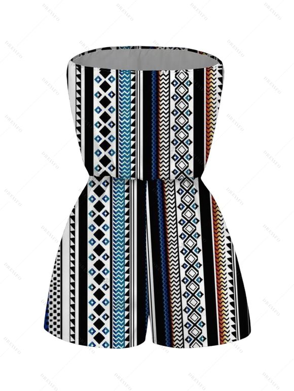 Bohemian Vacation Couple Outfit Colorblock Striped Geometric Print Pocket Off the Shoulder Romper and Shirt Set - multicolor A S | US 4