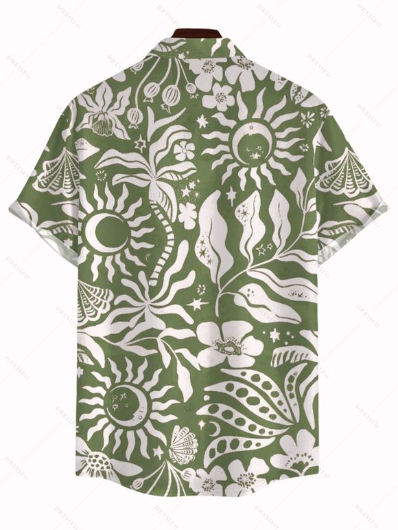 Hawaiian Couple Outfit Sun Moon Tropical Floral Leaf Botanical Print Ruched Bust Mini Dress and Shirt Set - Olive Verte S | US 4