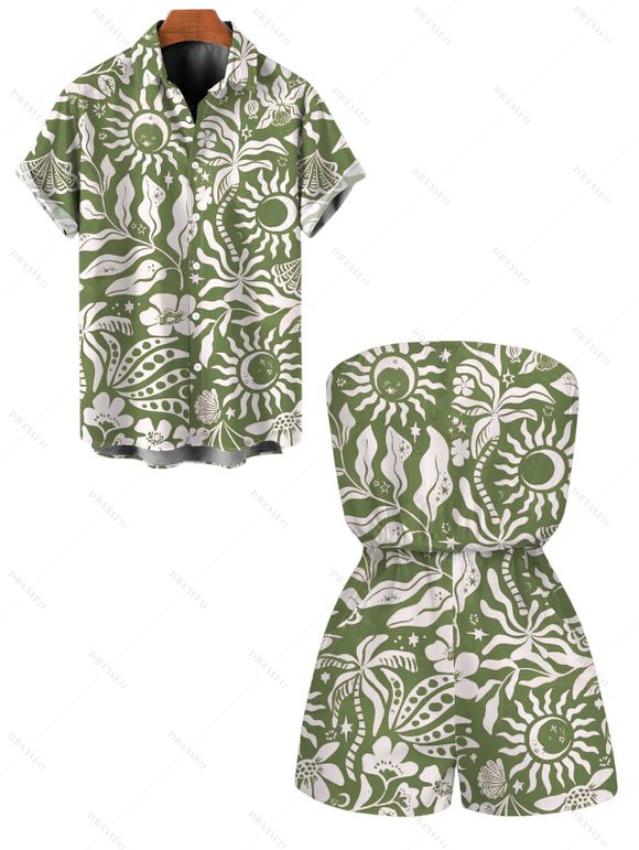 Hawaiian Couple Outfit Sun Moon Tropical Floral Leaf Botanical Print Pocket Off the Shoulder Romper and Shirt Set - Olive Verte S | US 4