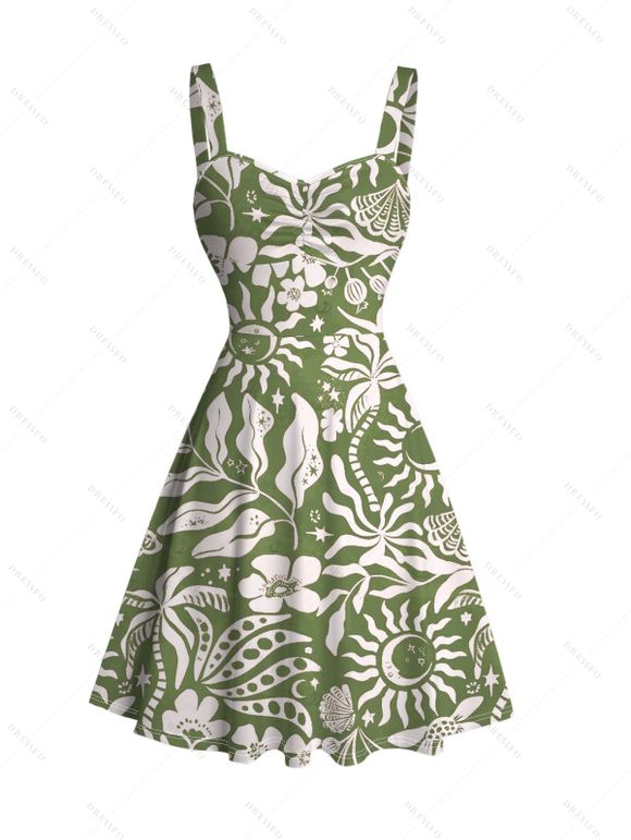 Hawaiian Couple Outfit Sun Moon Tropical Floral Leaf Botanical Print Ruched Bust Mini Dress and Shirt Set - Olive Verte S | US 4