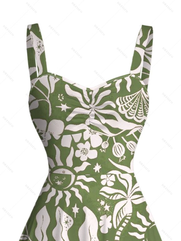 Hawaiian Couple Outfit Sun Moon Tropical Floral Leaf Botanical Print Ruched Bust Mini Dress and Shirt Set - Olive Verte S | US 4