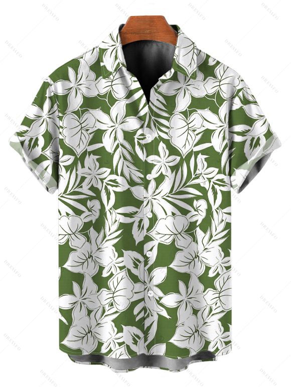 Hawaiian Vacation Couple Outfit Tropical Floral Leaf Print Lace Hollow Out Slit Dress and Shirt Set - PLANT GREEN S | US 4