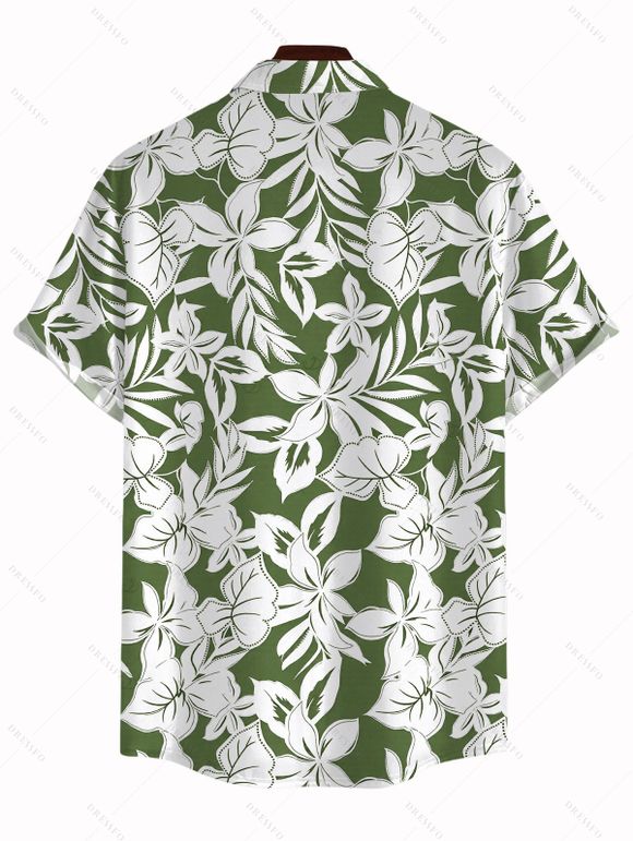 Hawaiian Vacation Couple Outfit Tropical Floral Leaf Print Lace Hollow Out Slit Dress and Shirt Set - PLANT GREEN S | US 4