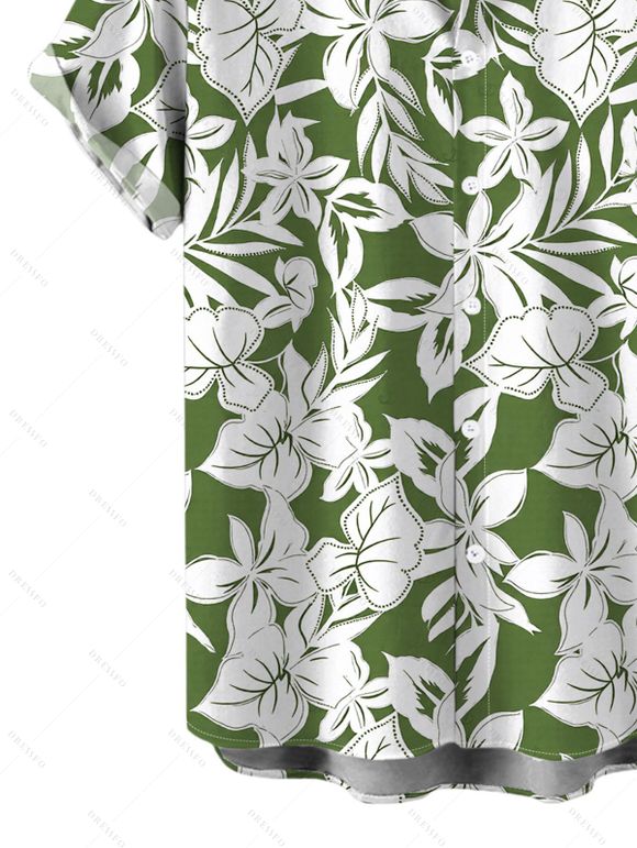 Hawaiian Vacation Couple Outfit Tropical Floral Leaf Print Lace Hollow Out Slit Dress and Shirt Set - PLANT GREEN S | US 4