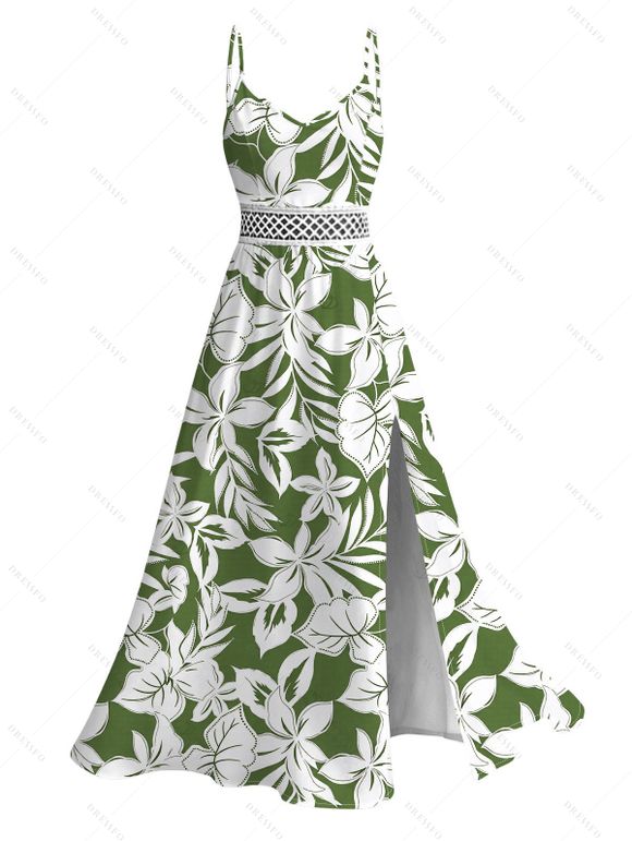 Hawaiian Vacation Couple Outfit Tropical Floral Leaf Print Lace Hollow Out Slit Dress and Shirt Set - PLANT GREEN S | US 4