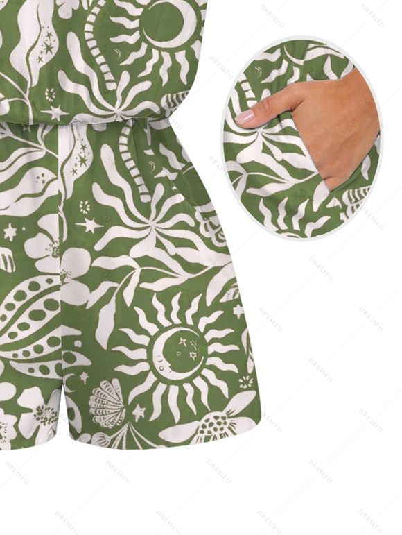 Hawaiian Couple Outfit Sun Moon Tropical Floral Leaf Botanical Print Pocket Off the Shoulder Romper and Shirt Set - Olive Verte S | US 4