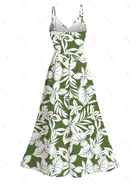 Hawaiian Vacation Couple Outfit Tropical Floral Leaf Print Lace Hollow Out Slit Dress and Shirt Set - PLANT GREEN S | US 4