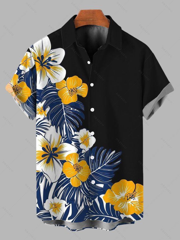 Hawaiian Couple Outfit Colorblock Hibiscus Floral Tropical Leaf Print Lace Hollow Out Slit Dress and Shirt Set - Noir S | US 4