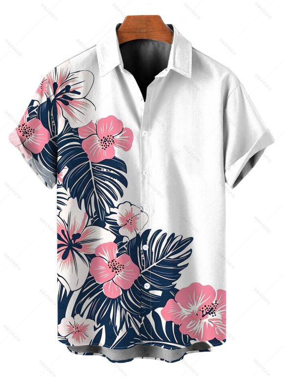 Hawaiian Couple Outfit Colorblock Hibiscus Floral Tropical Leaf Print Lace Hollow Out Slit Dress and Shirt Set - Rose clair S | US 4