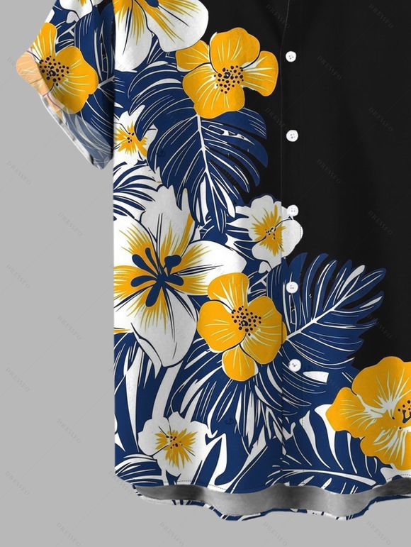 Hawaiian Couple Outfit Colorblock Hibiscus Floral Tropical Leaf Print Lace Hollow Out Slit Dress and Shirt Set - Noir S | US 4