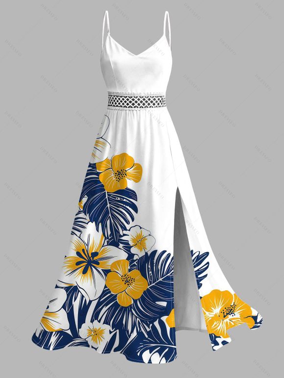 Hawaiian Couple Outfit Colorblock Hibiscus Floral Tropical Leaf Print Lace Hollow Out Slit Dress and Shirt Set - Noir S | US 4