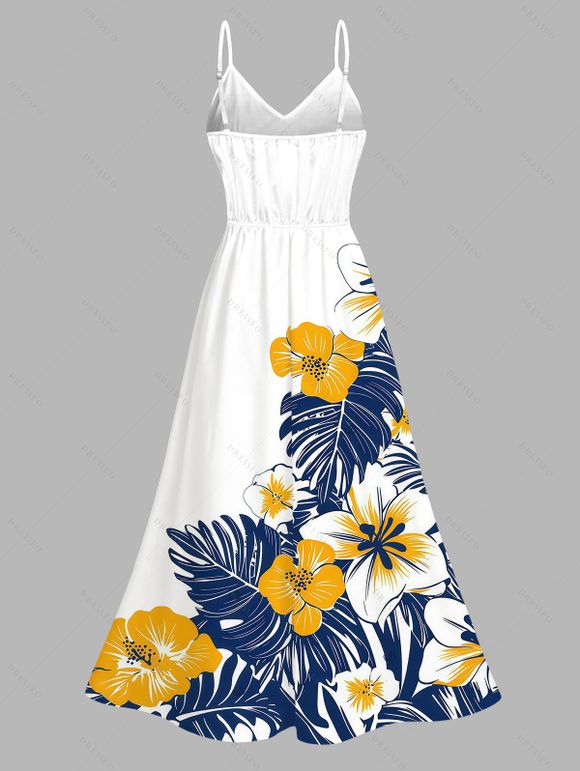 Hawaiian Couple Outfit Colorblock Hibiscus Floral Tropical Leaf Print Lace Hollow Out Slit Dress and Shirt Set - Noir S | US 4