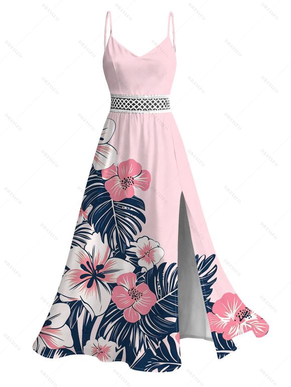 Hawaiian Couple Outfit Colorblock Hibiscus Floral Tropical Leaf Print Lace Hollow Out Slit Dress and Shirt Set - Rose clair S | US 4