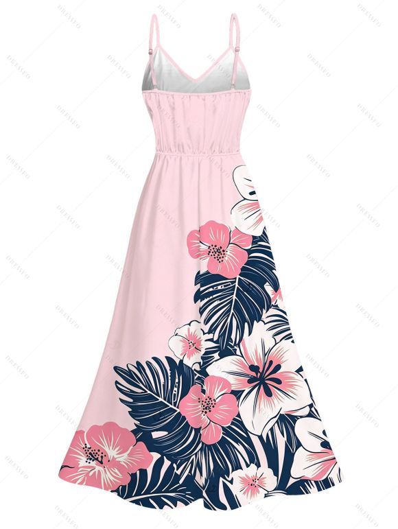 Hawaiian Couple Outfit Colorblock Hibiscus Floral Tropical Leaf Print Lace Hollow Out Slit Dress and Shirt Set - Rose clair S | US 4