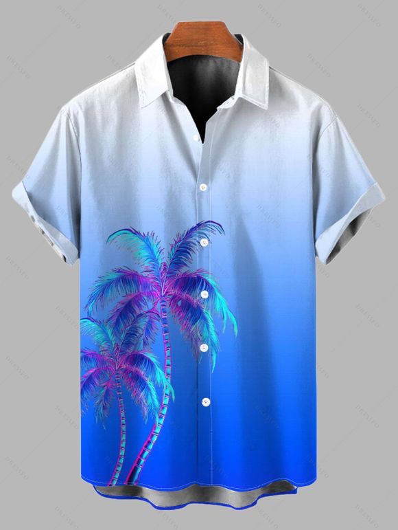 Hawaiian Vacation Couple Outfit Coconut Tree Print Ombre Lace Hollow Out Slit Dress and Shirt Set - Bleu S | US 4