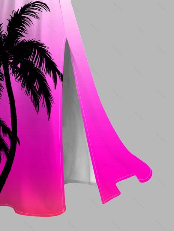 Hawaiian Vacation Couple Outfit Coconut Tree Print Ombre Lace Hollow Out Slit Dress and Shirt Set - Rose Vif S | US 4