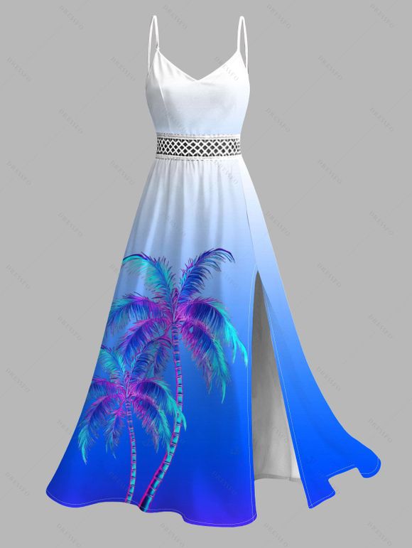 Hawaiian Vacation Couple Outfit Coconut Tree Print Ombre Lace Hollow Out Slit Dress and Shirt Set - Bleu S | US 4