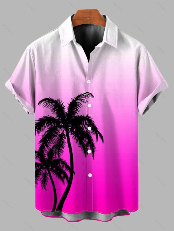 Hawaiian Vacation Couple Outfit Coconut Tree Print Ombre Lace Hollow Out Slit Dress and Shirt Set - Rose Vif S | US 4