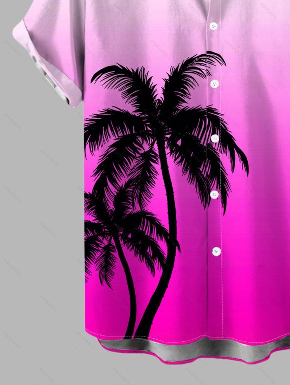 Hawaiian Vacation Couple Outfit Coconut Tree Print Ombre Lace Hollow Out Slit Dress and Shirt Set - Rose Vif S | US 4